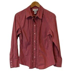 Vtg‎ Sag Harbor Jean Company Top Women Large Red Floral Stripe Ruffle Button Up